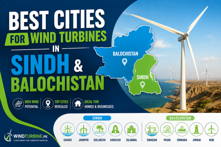 Best Cities for Wind Turbines in Sindh and Balochistan infographic showing Gharo, Jhimpir, Karachi, Sujawal, Gwadar, Pasni, Ormara, Jiwani, and Hub with wind turbines, regional map, and WindTurbine.pk branding.