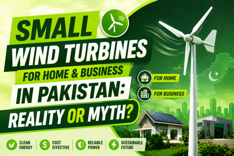 Small wind turbines in Pakistan for homes and businesses showing a residential house, commercial building, and wind turbine with the question "Reality or Myth?
