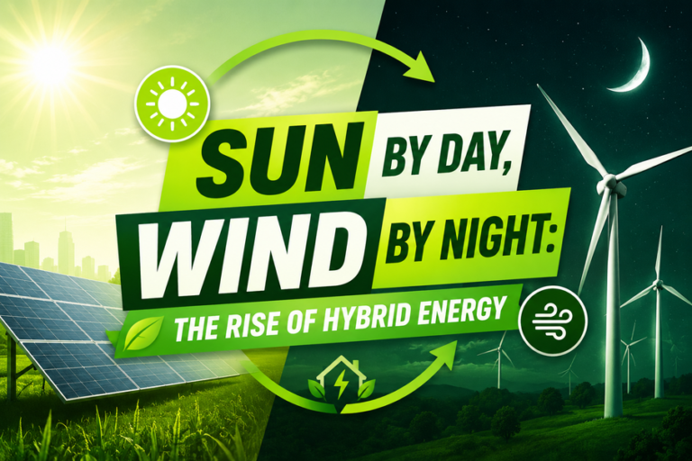 Hybrid energy in Pakistan combining solar panels during the day and wind turbines at night for reliable renewable electricity generation.