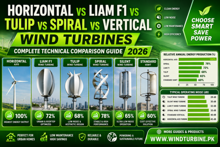 Illustration comparing wind turbine technologies in 2026, showing side-by-side labeled diagrams of Horizontal Axis Wind Turbine, Liam F1 spiral vertical turbine, Tulip-shaped turbine, Spiral wind turbine, and a standard vertical axis turbine, highlighting differences in rotor design, airflow direction, efficiency, and installation style in a technical comparison layou