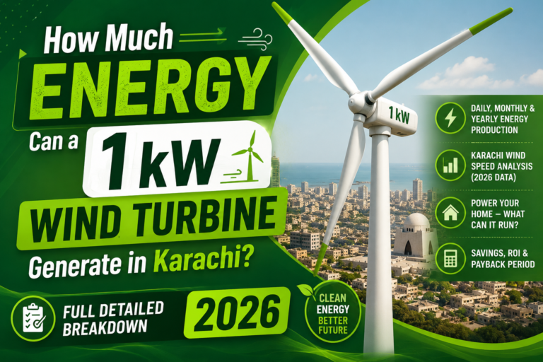 A high-contrast green-themed infographic showing a 1 kW wind turbine in front of Karachi’s coastal cityscape and sea. Large bold headline text reads “How Much ENERGY Can a 1 kW WIND TURBINE Generate in Karachi?” with supporting labels like “Full Detailed Breakdown 2026.” The design includes icons for energy, analytics, and home usage, emphasizing daily, monthly, and yearly electricity production, savings, and wind speed analysis. The overall style is modern, promotional, and focused on renewable energy education