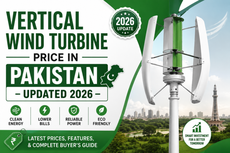 Vertical Wind Turbine Price in Pakistan 2026 infographic showing a modern vertical axis wind turbine, updated pricing guide, clean energy benefits, and residential renewable power solution in Pakistan.