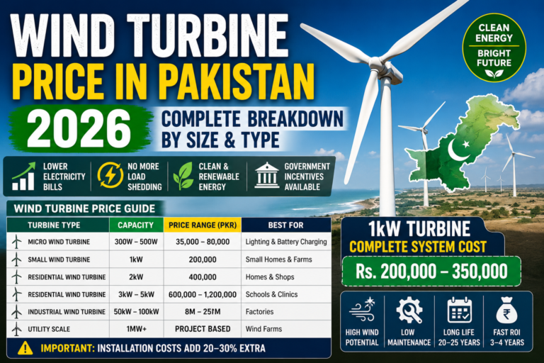 banner showing wind turbines with text highlighting “Wind Turbine Price in Pakistan 2026,” representing updated cost ranges and renewable energy investment information for residential, commercial, and industrial wind energy systems in Pakistan.