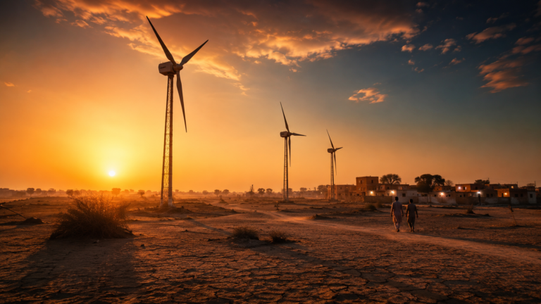 A row of large white wind turbines standing in the Gharo-Jhimpir wind corridor in Sindh, Pakistan, against a clear blue sky, representing wind energy investment in the country.