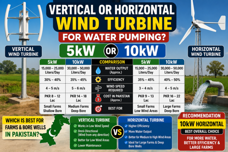 5kW Wind Turbine for Water Pumps comparison showing 5kW vs 10kW vertical and horizontal wind turbines for farms, bore wells, water output, efficiency, wind speed requirements, and irrigation in Pakistan.