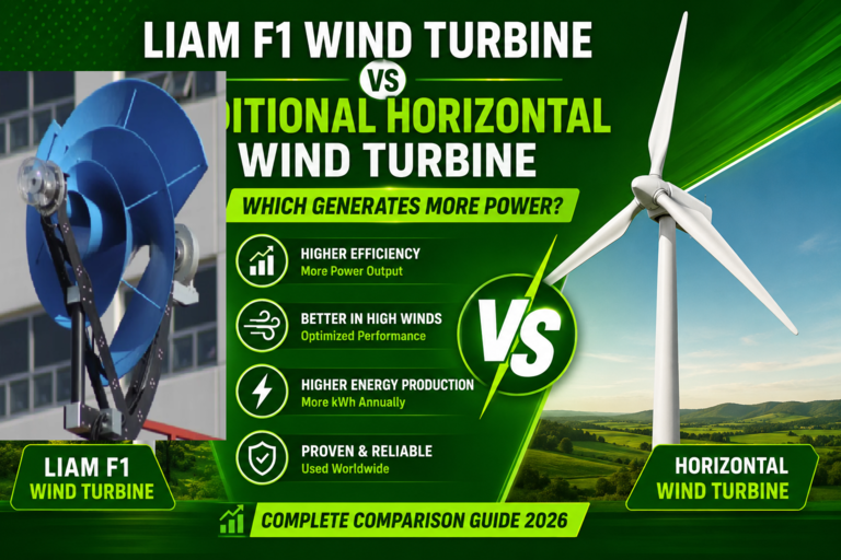 Liam F1 wind turbine installed in Pakistan, showing a compact vertical-axis bladeless-style turbine designed for low wind speeds and residential or small-scale energy generation