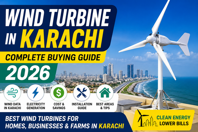 Wind turbine in Karachi complete buying guide 2026 with coastal city skyline and rooftop wind turbine.