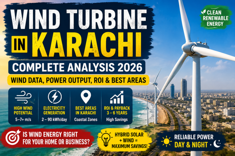 Wind turbine in Karachi Pakistan showing coastal wind energy potential, electricity generation, wind speed data, ROI analysis, and wind turbine price in Karachi for residential and commercial users.