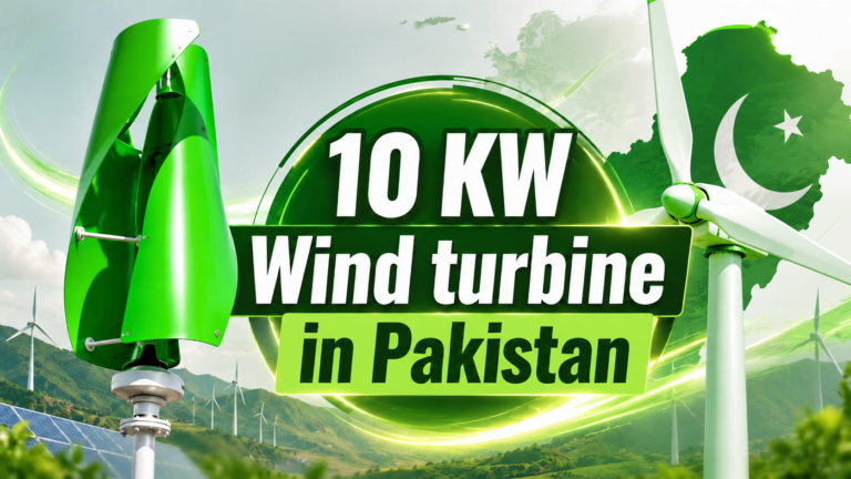 Image showing vertical-axis and horizontal-axis wind turbines, with the text “10 kW Wind Turbine in Pakistan” displayed prominently in the centre.