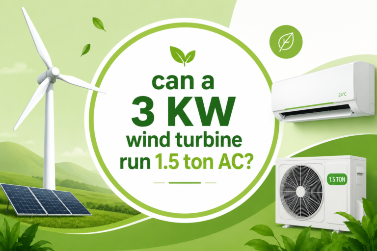 Can a 3 KW Wind Turbine Run a 1.5 Ton AC? Green infographic showing a horizontal wind turbine and 1.5-ton air conditioner with a clean renewable energy design.