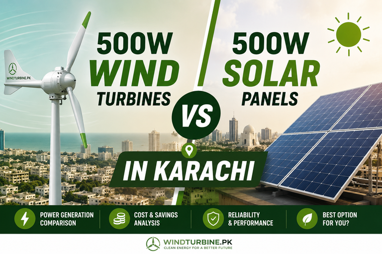 500W wind turbine vs 500W solar panels comparison showing day and night electricity generation, highlighting wind turbine power production at night in Karachi