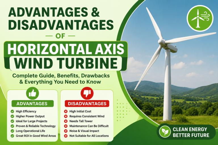 Advantages and disadvantages of horizontal axis wind turbine infographic showing benefits, drawbacks, and clean energy concept