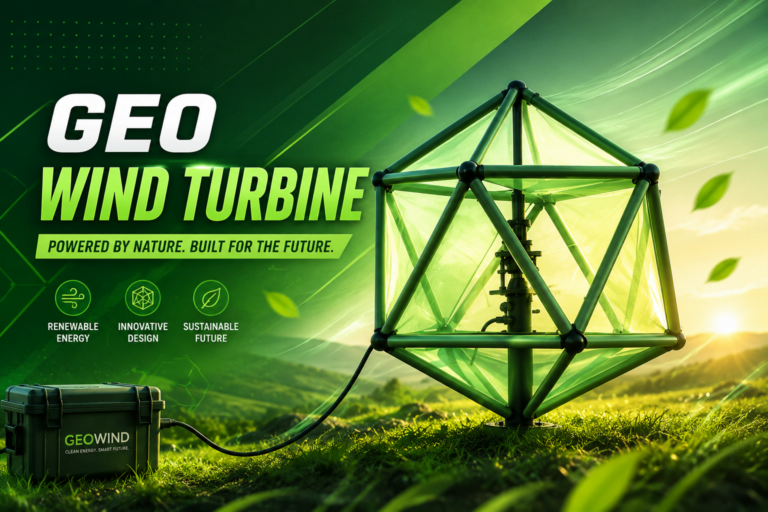 Geo Wind Turbine with green geometric design installed in an open landscape, showcasing an innovative renewable energy system for clean electricity generation.