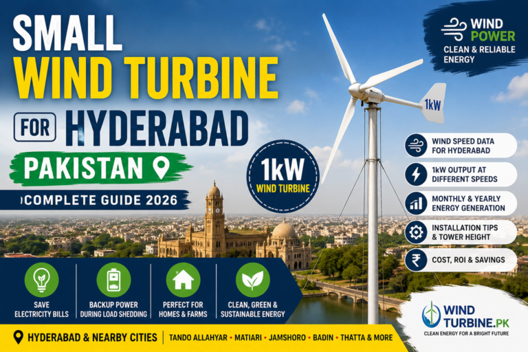Small 1kW wind turbine installed in Hyderabad, Pakistan, generating clean renewable electricity for a residential home under moderate wind conditions.