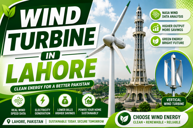 Wind Turbine in Lahore thumbnail featuring a horizontal wind turbine, a vertical wind turbine, Minar-e-Pakistan, and green renewable energy design illustrating NASA wind data, electricity generation, and clean energy solutions for Lahore, Pakistan."