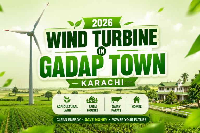 Wind turbine installed on agricultural land in Gadap Town Karachi with farmhouses and open green fields