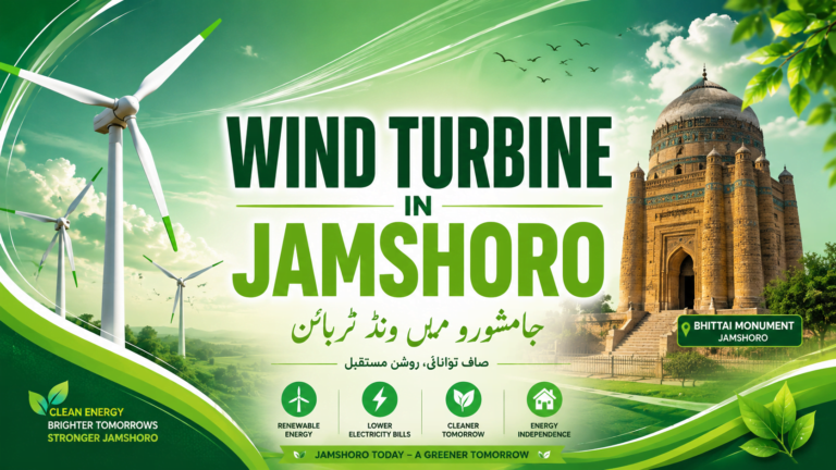 Wind Turbine in Jamshoro with the Bhittai Monument in the background, highlighting renewable wind energy solutions in Jamshoro, Sindh, Pakistan.