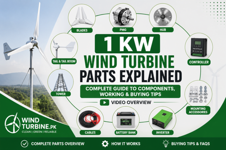 1 kW wind turbine parts infographic showing blades, PMG, hub, controller, tail, tower, cables, battery bank, inverter, and mounting accessories with the title "1 kW Wind Turbine Parts Explained
