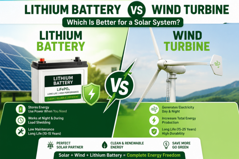 Lithium Battery vs Wind Turbine comparison for a solar system with a LiFePO4 battery, solar panels, and a residential wind turbine.
