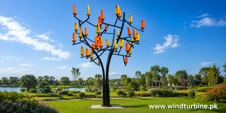 Wind Tree Turbine with micro wind turbines generating renewable energy in an urban park