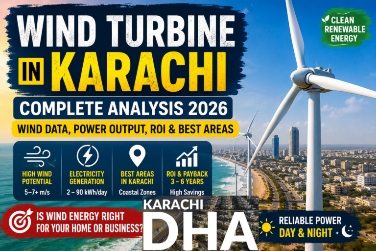 Wind turbine in DHA Karachi generating renewable energy from coastal wind.DHA is written