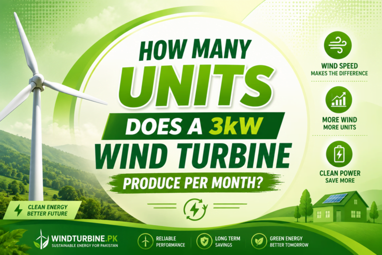 Image showing a 3kW wind turbine with text asking how many electricity units a 3kW wind turbine can generate per month in Pakistan, highlighting monthly wind power generation and electricity production.