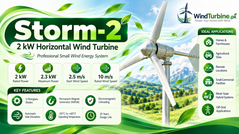 This image is showing a 2 kw wind turbine and its specification