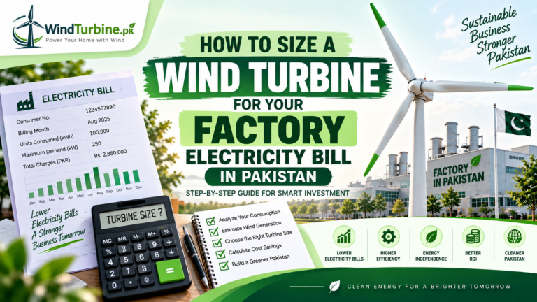 commercial wind turbine Pakistan, factory wind turbine size, 100 kW wind turbine Pakistan, 500 kW wind turbine Pakistan, industrial wind turbine Pakistan, wind turbine electricity bill, wind turbine for business Pakistan, wind turbine feasibility Pakistan.