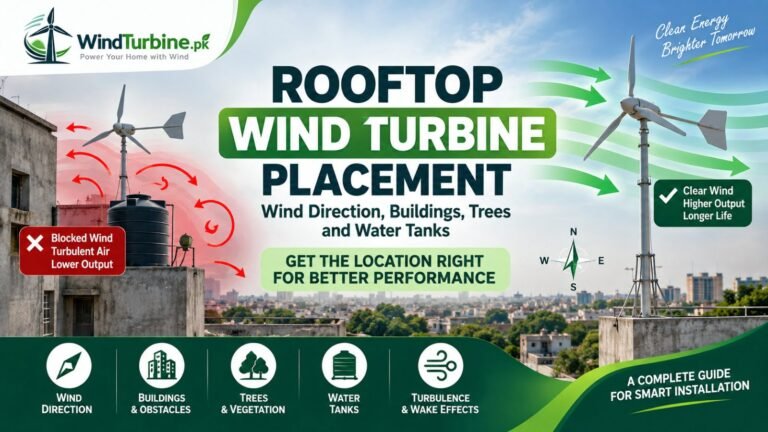 Rooftop wind turbine placement showing the effects of wind direction, buildings, trees, water tanks and turbulence on wind turbine performance.