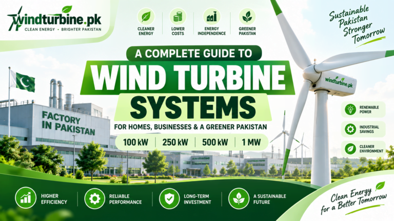 This image is showing A technical guide for Pakistani businesses comparing 100 kW, 250 kW, 500 kW and 1 MW wind turbines,