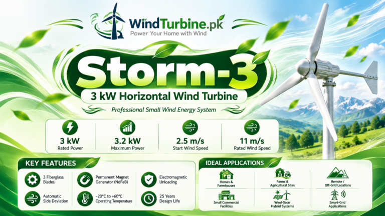 This image is showing a 3 kw wind turbine and its specification